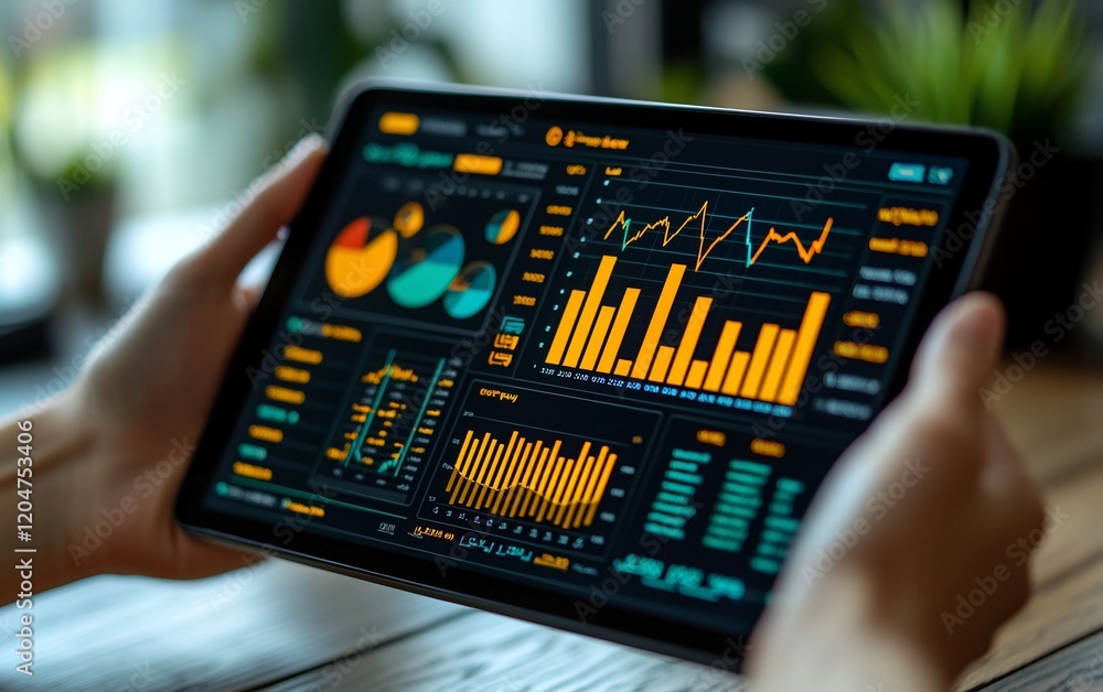 Poster Hands holding tablet displaying financial data charts and graphs.