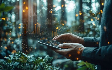 Person using tablet, data overlay, forest background.