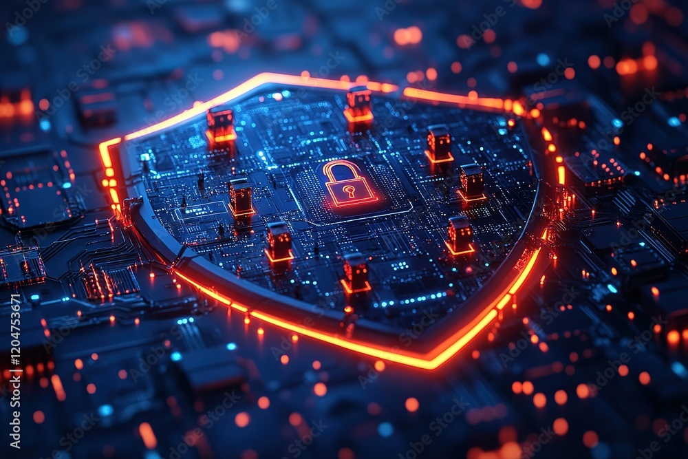 Poster cybersecurity shield: data protection concept. a glowing digital shield protects a circuit board, sy