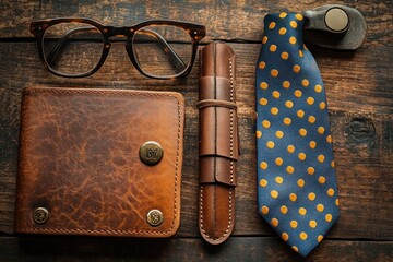 Father's Day Gift Composition with Leather Wallet Glasses and Polka Dot Tie