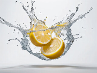 Sliced lemons splash water, exuding freshness.