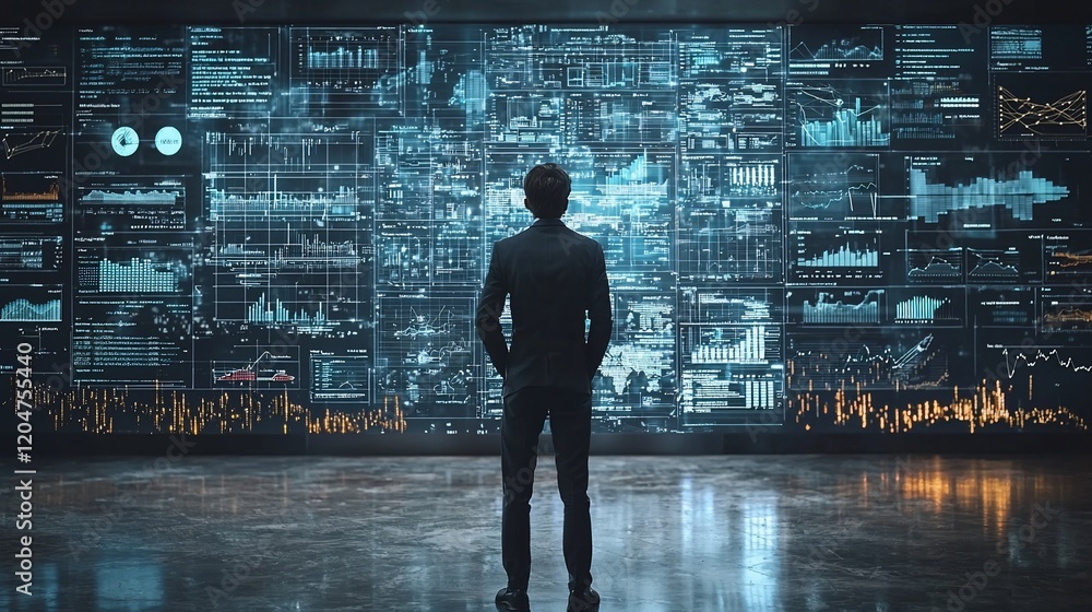 Aufkleber man reviewing data on a large digital screen.