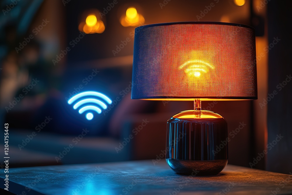 Poster smart lamp glowing softly in a dimly lit room, connected via wifi.