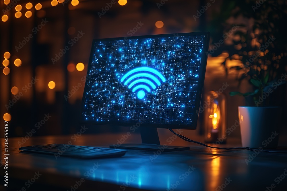 Poster wireless network signal displayed on a computer screen in a dimly lit room.