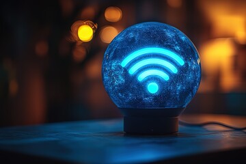Glowing Wifi symbol inside a crystal ball on a dark table.