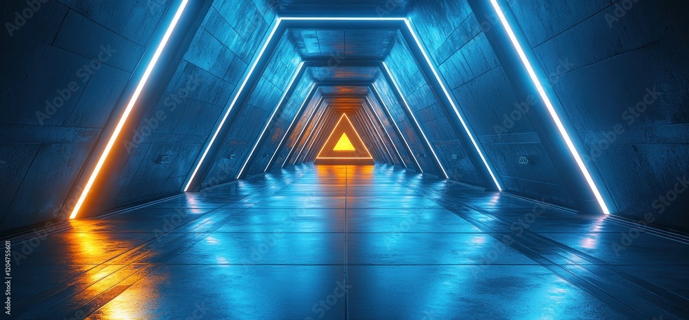 Poster futuristic neon hallway with triangular structure and geometric shapes in cyberpunk style