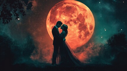 Fototapeta premium A couple is kissing under a large red moon