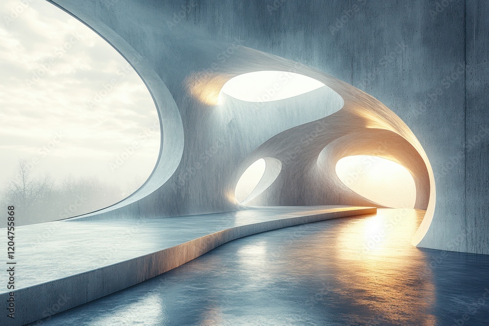 Fototapete minimalist architectural space with smooth concrete walls and soft ambient light featuring curved op