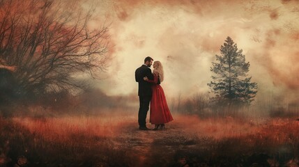 A couple is standing in a field of grass, with trees in the background