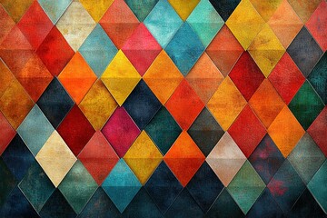 Colorful geometric diamond pattern background.  Vibrant hues and textured design.
