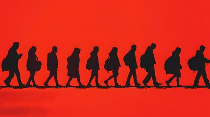 Obraz premium Silhouetted figures walk in a vibrant red background