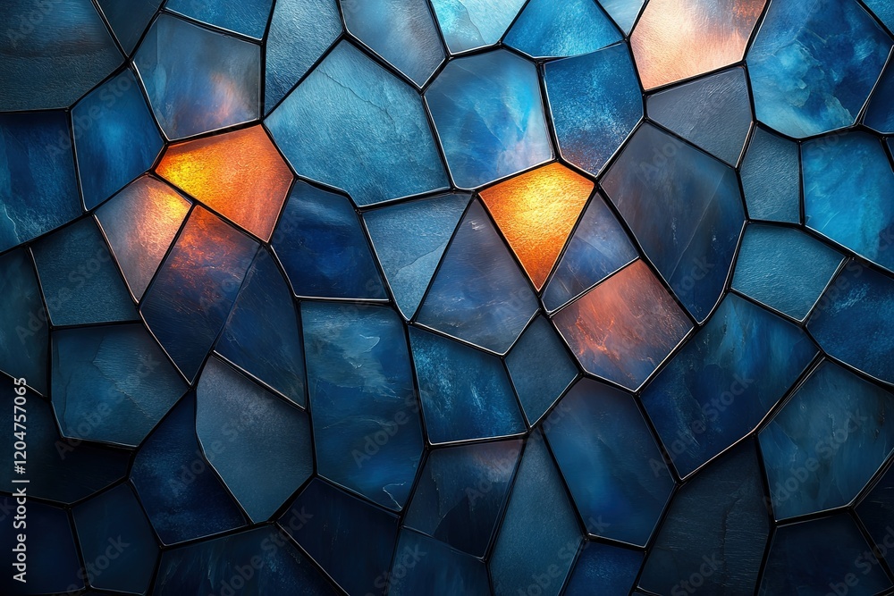Aufkleber abstract mosaic pattern with blue and orange hues. irregular shapes create a textured, visually stri