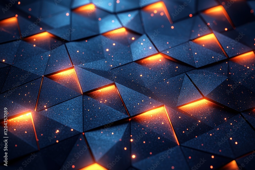 Poster abstract geometric pattern with glowing edges. dark blue and orange hues create a dramatic visual ef