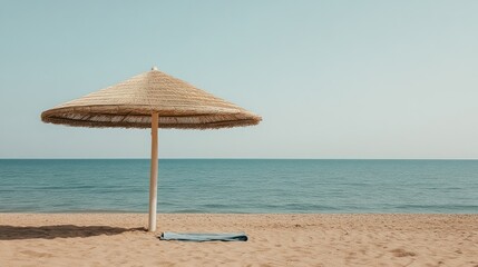 Fototapeta premium Serene Beach Umbrella Scene: Coastal Calmness