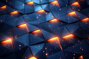 Abstract geometric pattern with glowing edges. Dark blue and orange hues create a dramatic visual effect.