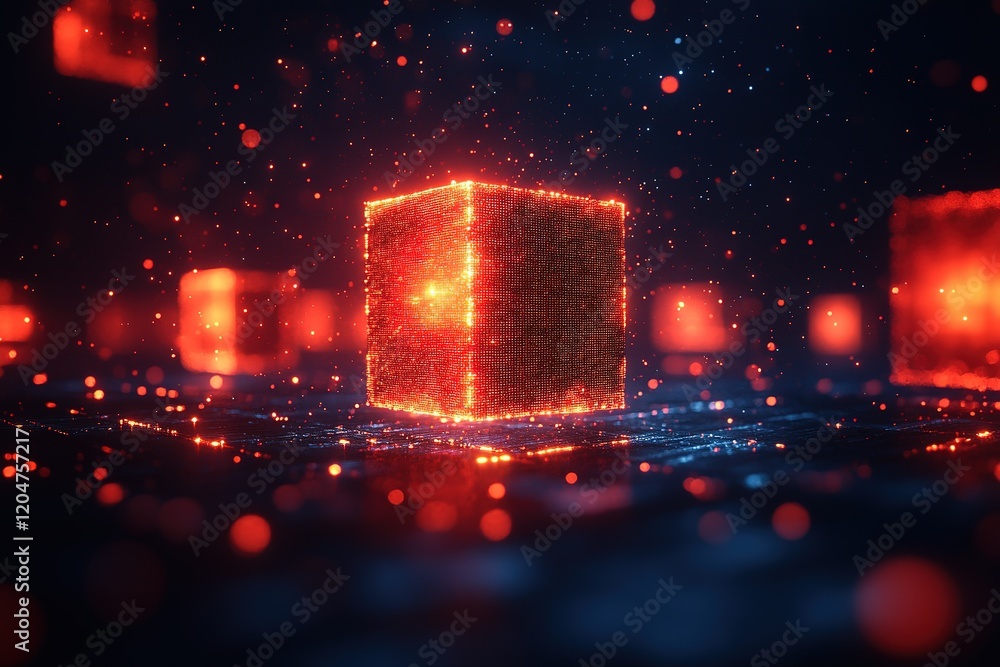 Poster glowing cube in a digital space, surrounded by particles and light.