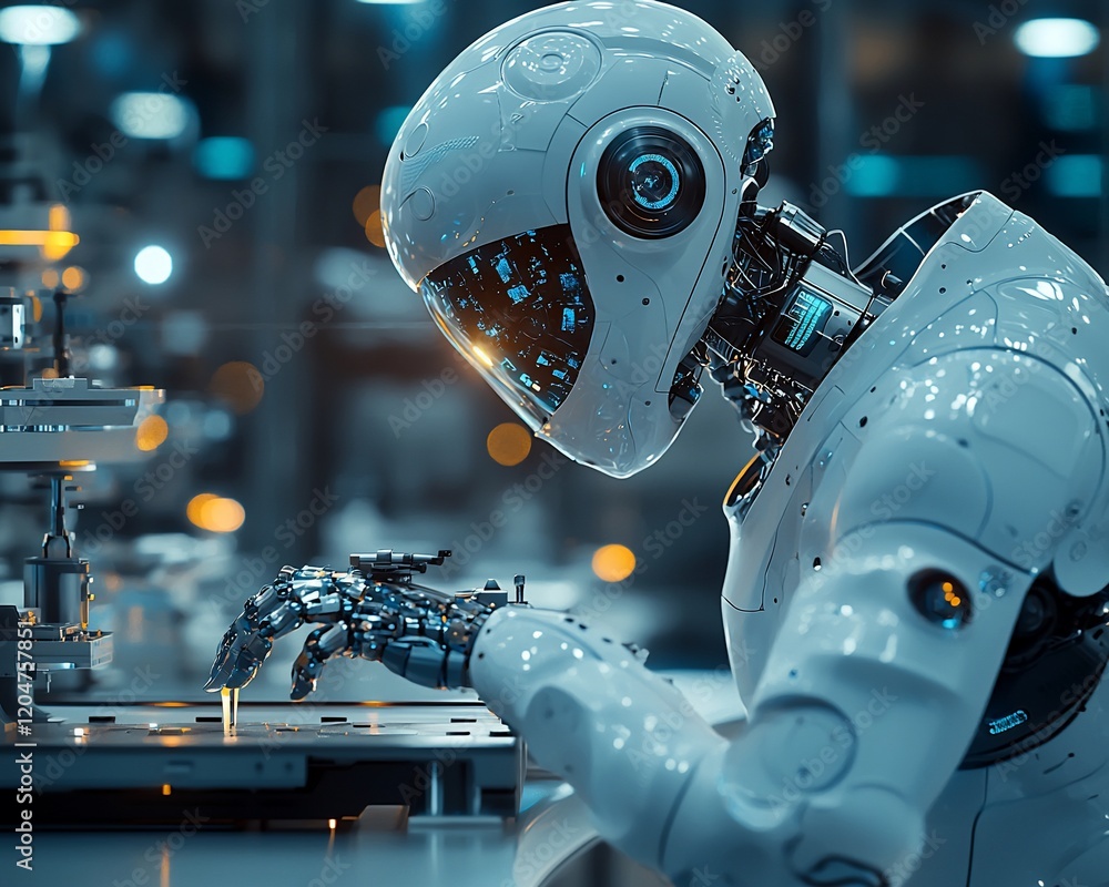 Poster Futuristic robot working on a machine in a factory.