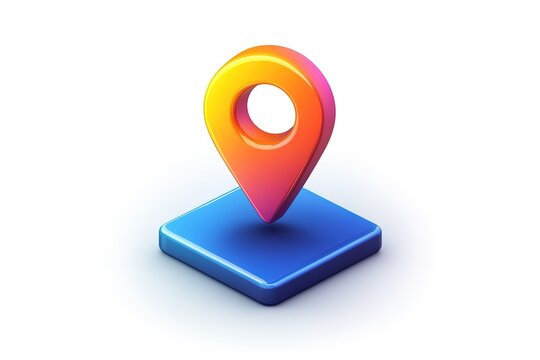Colorful 3D location pin icon on a blue square base.  Perfect for maps, navigation, or travel apps.