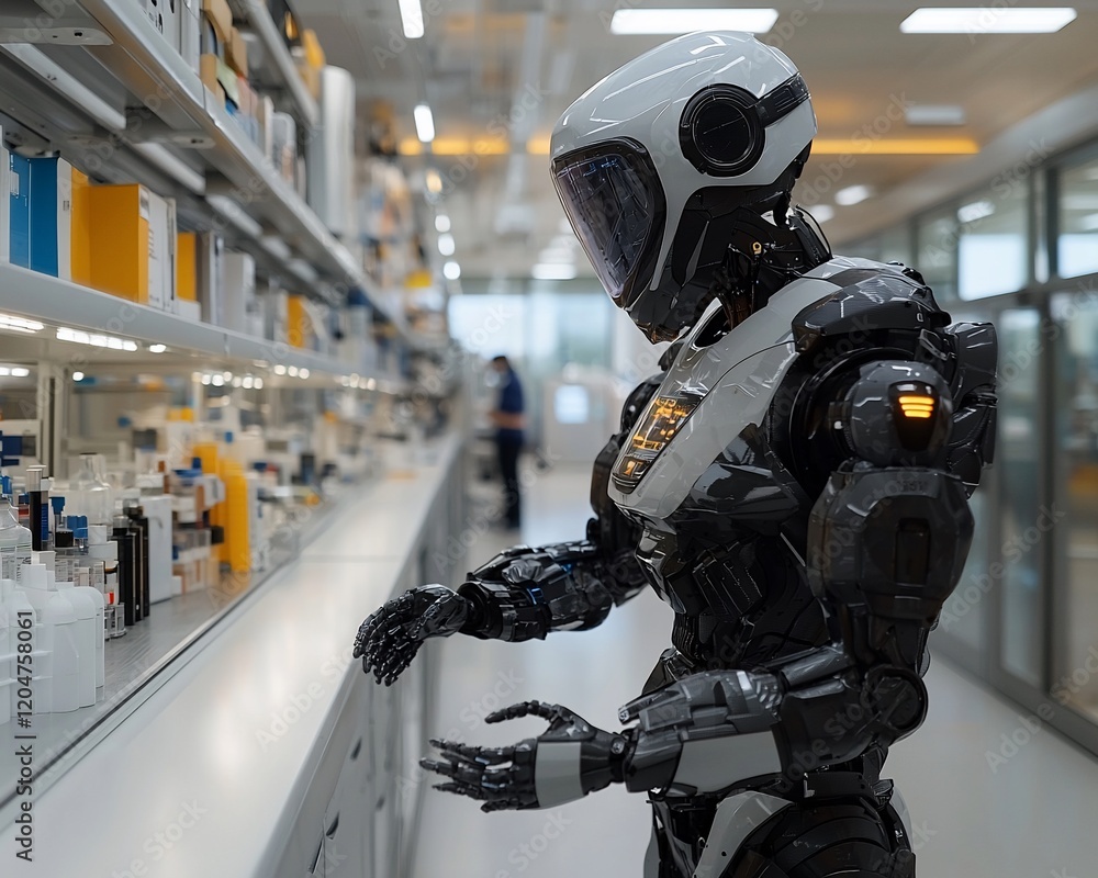 Poster robot in futuristic lab examining supplies.