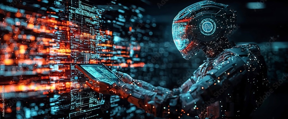 Aufkleber Futuristic robot using tablet, analyzing digital data streams.