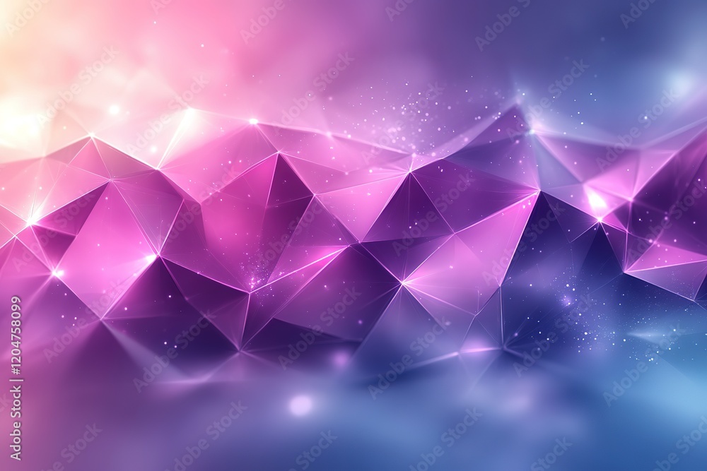 Poster abstract geometric background with glowing pink and purple polygons and particles.