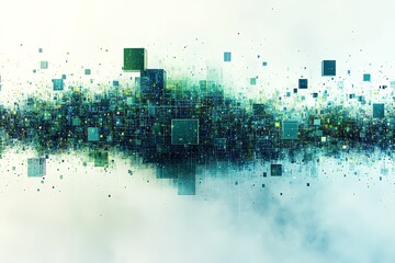 Abstract digital data stream, glowing cubes and lines forming a dynamic wave.