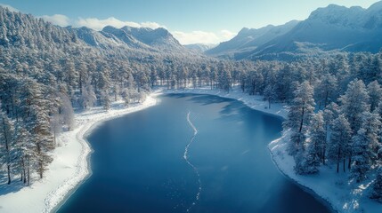 Obraz premium Aerial View of Serene Winter Lake Nestled in Snowy Mountains