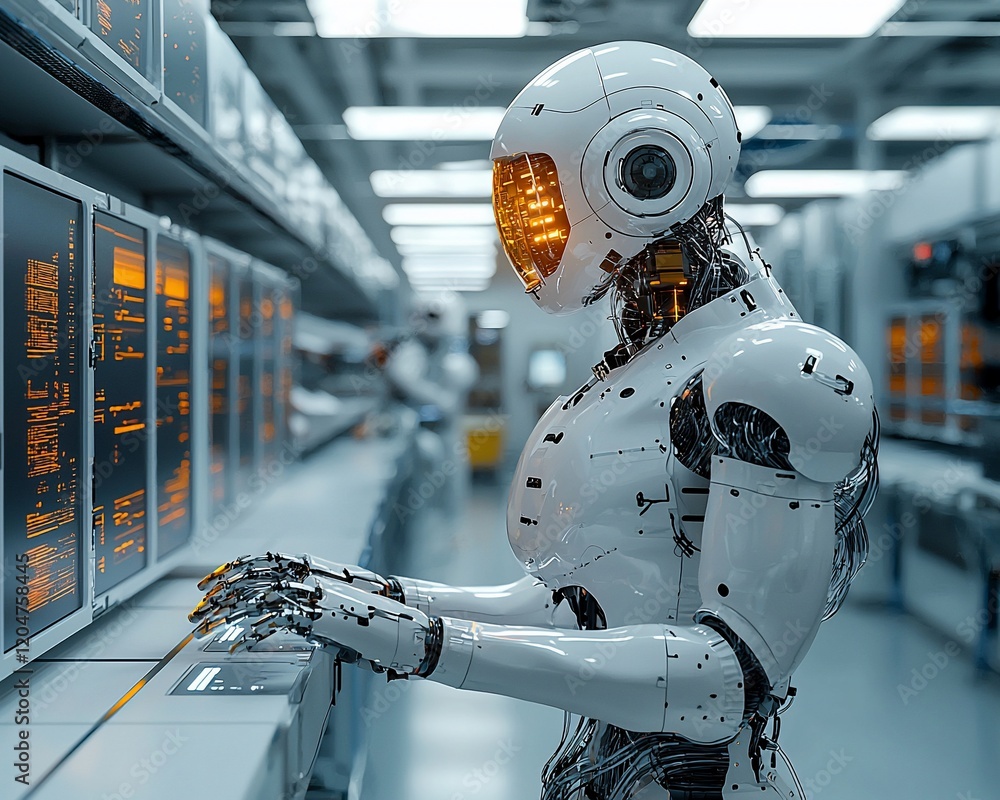Poster Female robot working on a control panel in a futuristic factory.