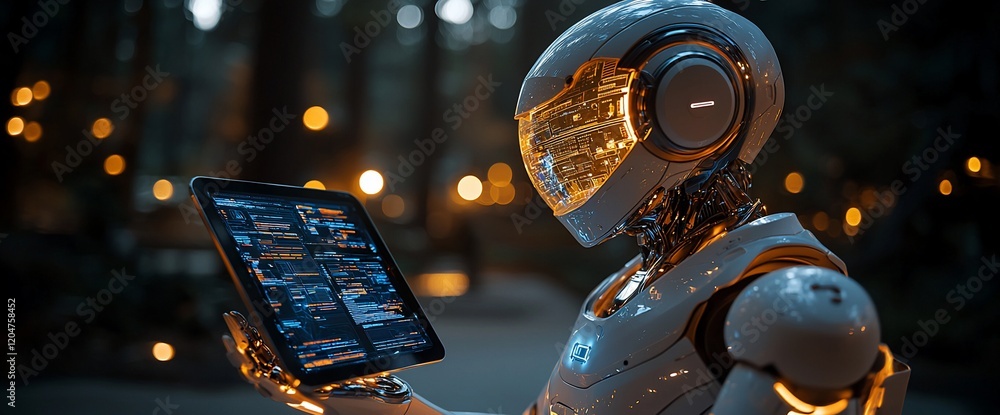 Poster futuristic robot using a tablet at night.