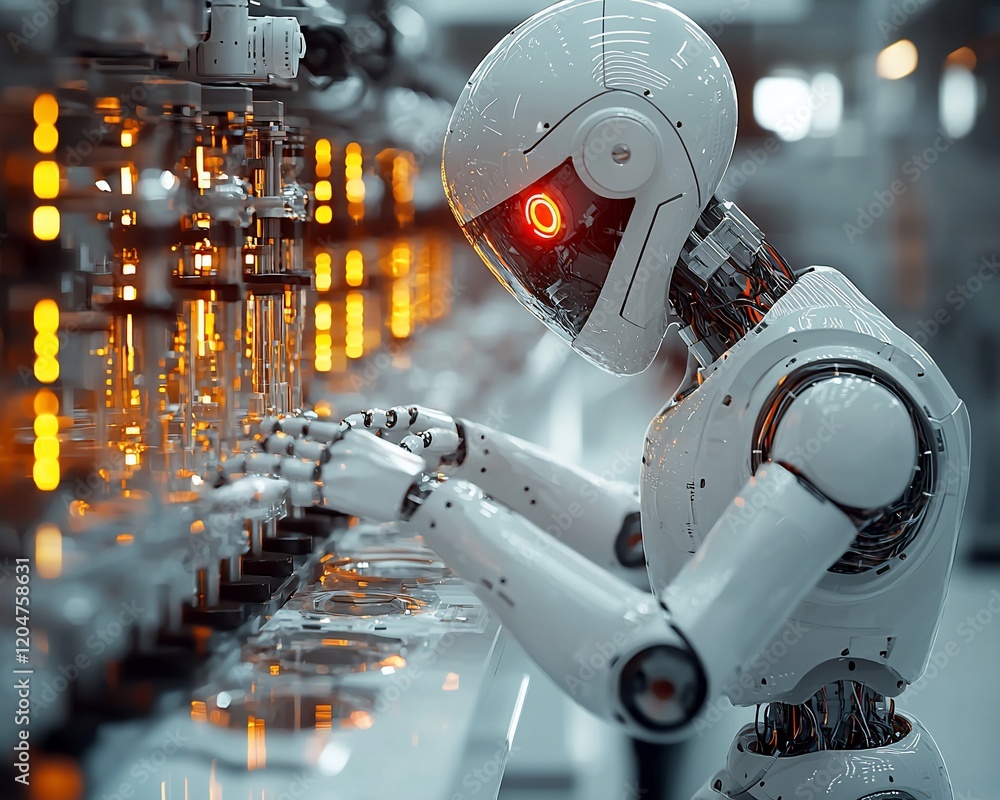 Poster Advanced robot working on a complex machine in a futuristic factory.