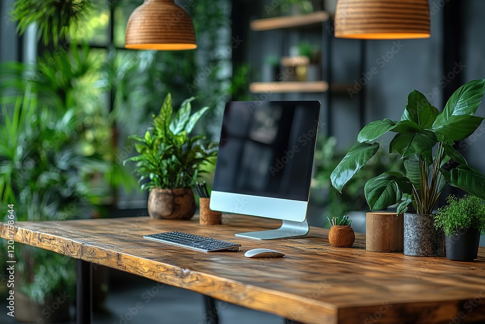 Poster modern workspace with desktop computer and lush greenery. ideal for productivity and a calming atmos