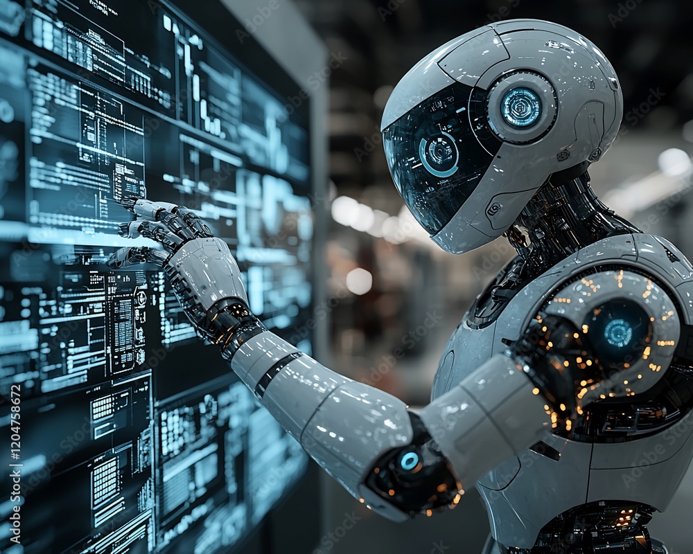 Aufkleber Futuristic robot interacting with a digital interface.