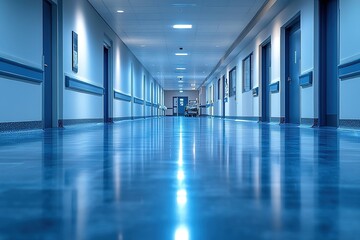 Obraz premium Long, empty hospital corridor with shiny floor. Clean and sterile environment.