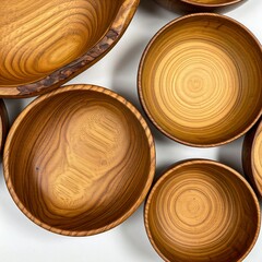 Rustic Wooden Bowls in Varied Sizes and Textures on a Light Background