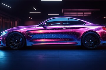 Fototapeta premium Sparkling sports car in a modern garage. A vibrant, purple and blue metallic finish shimmers under the lights.