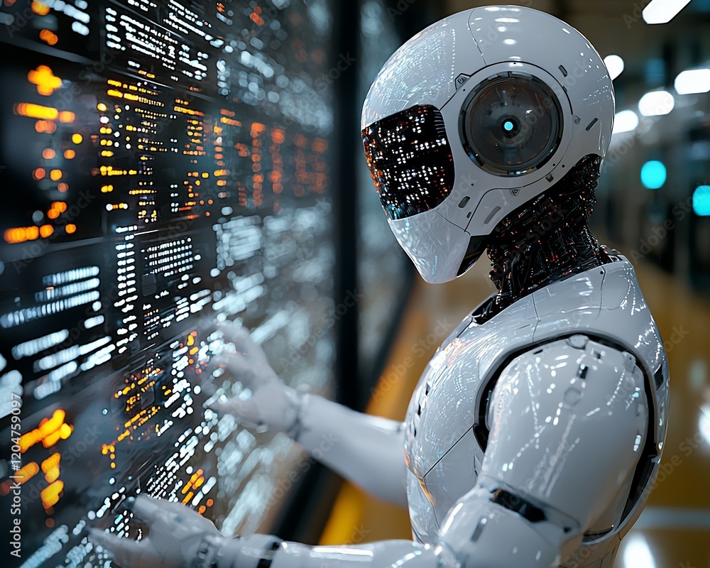 Fototapete Futuristic robot interacts with a large digital screen displaying complex code.