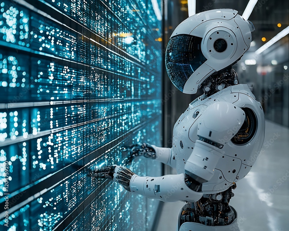Aufkleber futuristic robot examining digital data on a large screen.