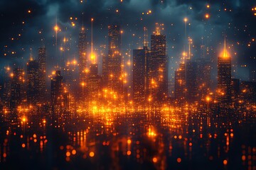 Obraz premium Glowing cityscape at night. Futuristic urban scene with bright lights reflecting on water.