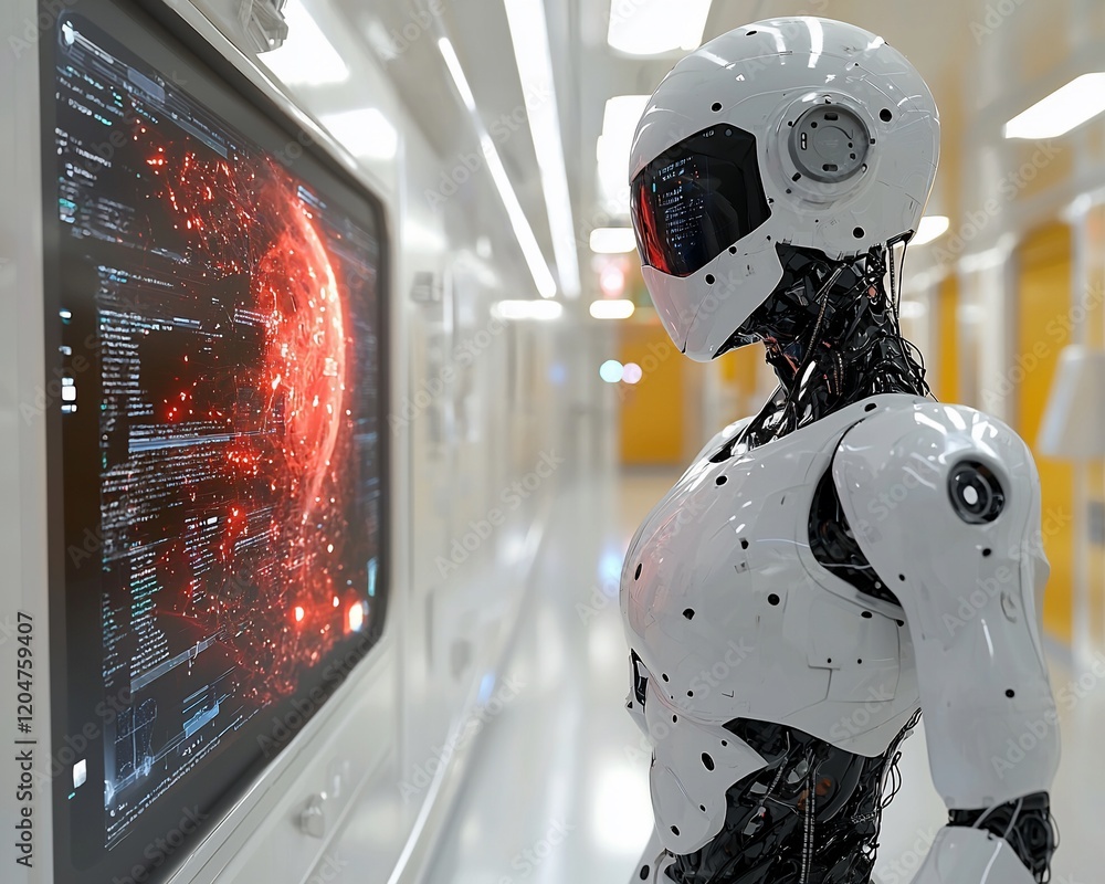Poster futuristic robot examines digital data on a screen.