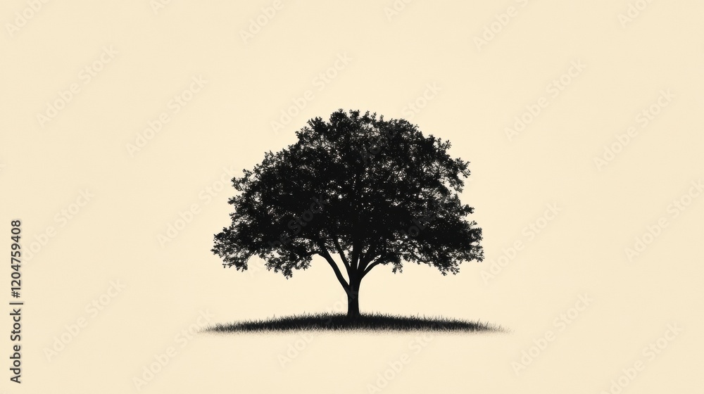 Poster beautiful silhouette of a large tree standing alone on a gentle hill with a soft background in the e
