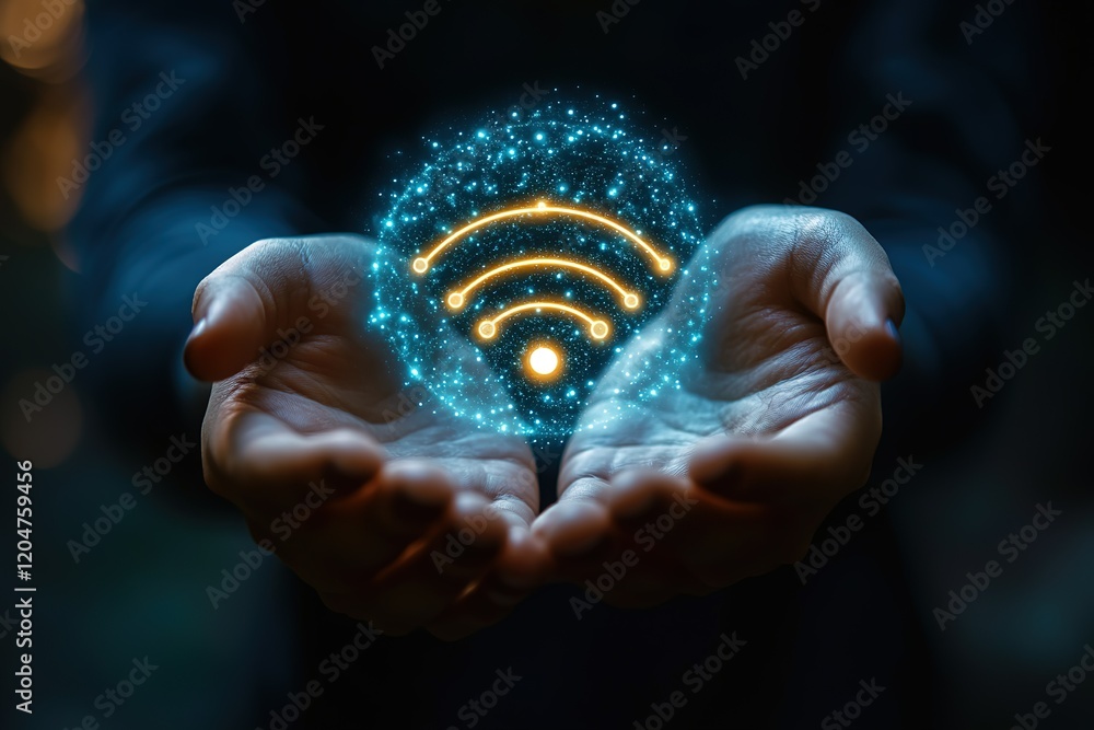 Poster wireless connection in hands, digital network sphere. global connectivity concept.