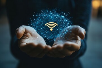 Connecting the world.  Hands gently cradling a glowing wifi symbol, representing global connectivity and digital access.