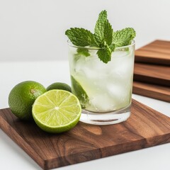 Fototapeta premium Refreshing Lime Mojito Cocktail with Mint Garnish and Fresh Green Limes on Wooden Board