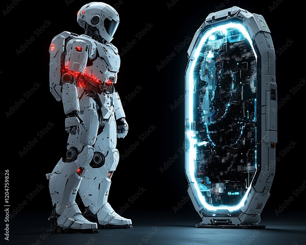Poster futuristic robot facing glowing portal.