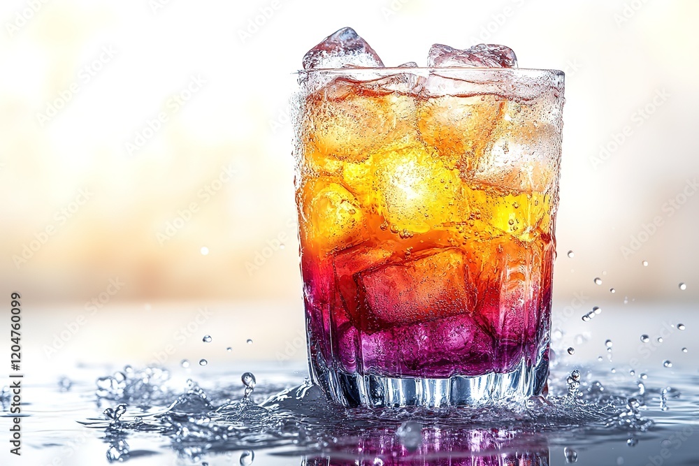 Poster refreshing layered drink with ice, perfect for a hot day. the vibrant colors and bubbly texture make