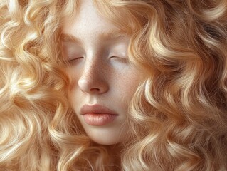 Naklejka premium Elegant close-up portrait of beautiful woman with curly hair in natural light on neutral background