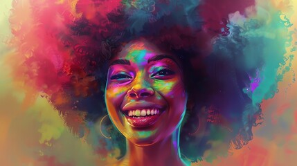 Obraz premium A beautiful woman with dark skin and curly hair smiles happily. Her face is painted with bright colors, and she is wearing a colorful headdress.