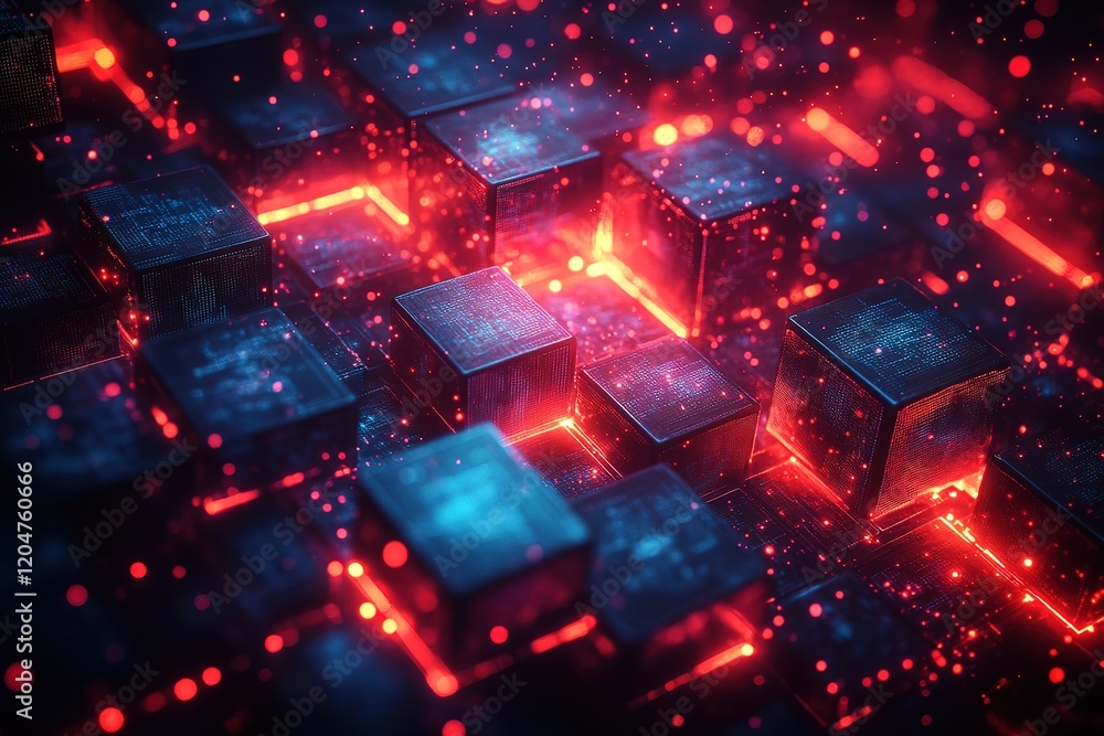 Poster glowing cubes in a network. abstract digital art depicting interconnected data blocks.