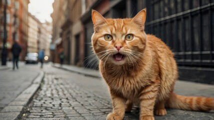 Obraz premium Surprised ginger cat on the street 