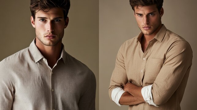 Handsome Men Model Posing in Beige Shirts Studio Shots